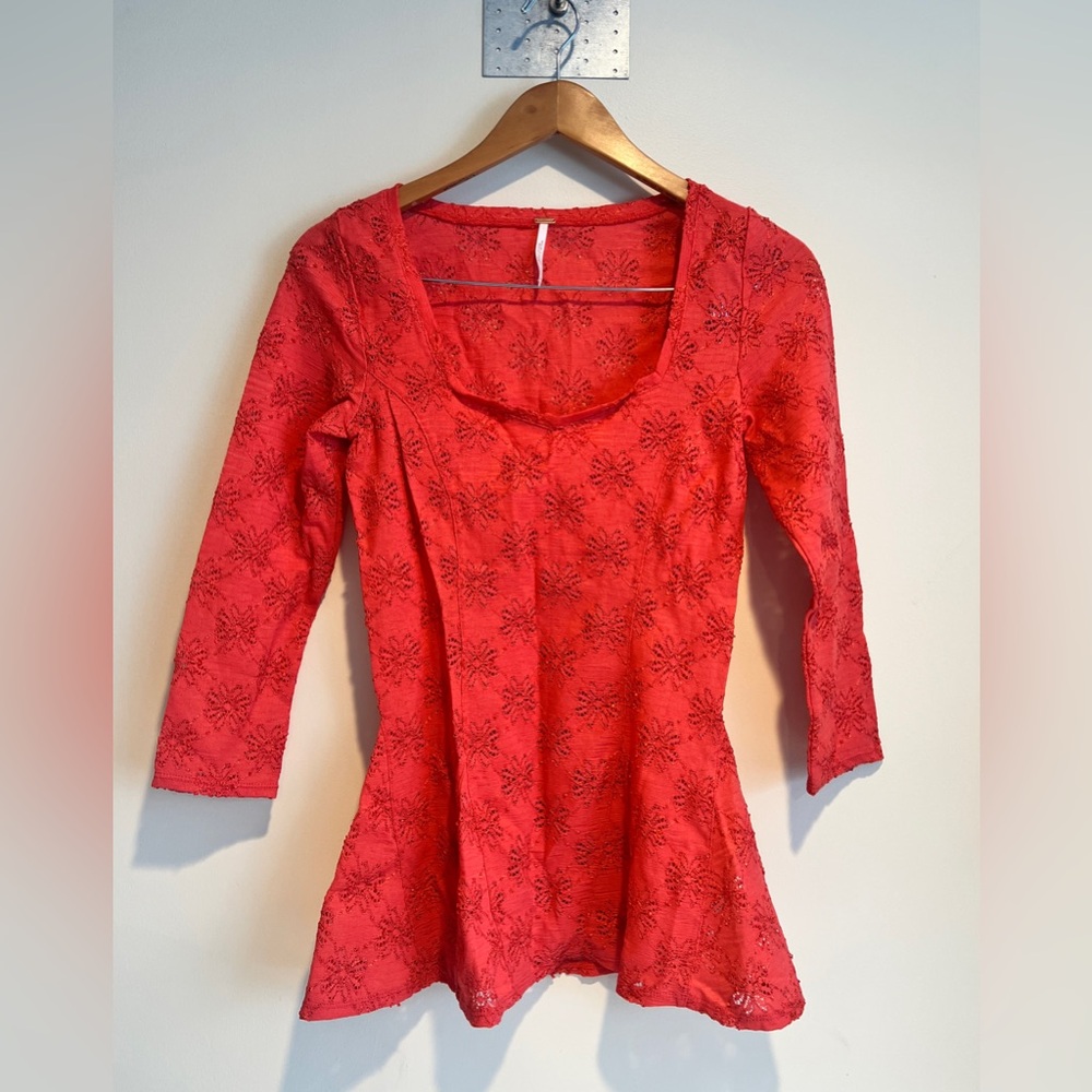 Free People Orange Floral Eyelet Lace Top Square Neck Peplum Sz M Boho Festival